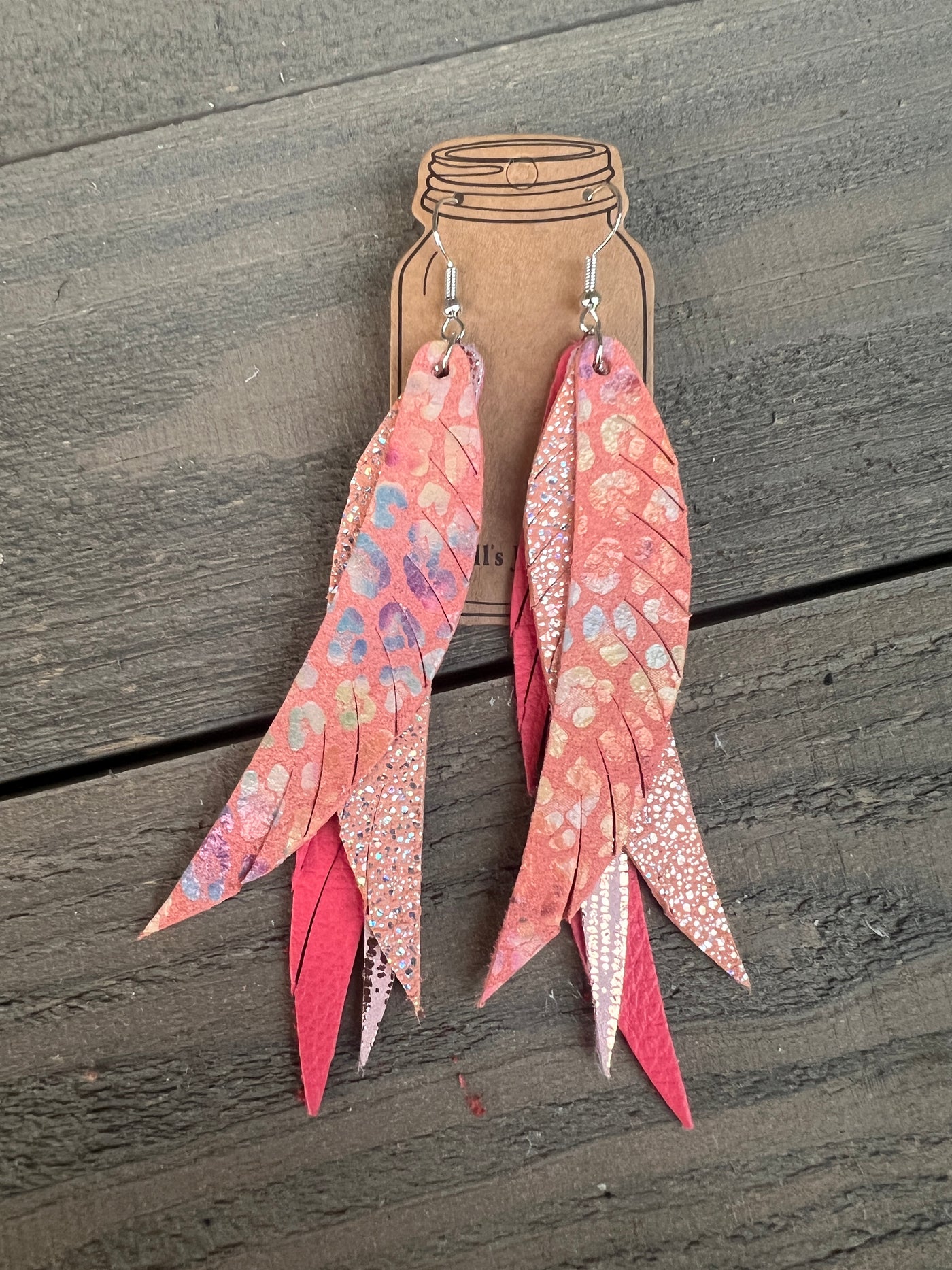 Coral Orange Rainbow Leopard Stacked Fringe Feather Earrings