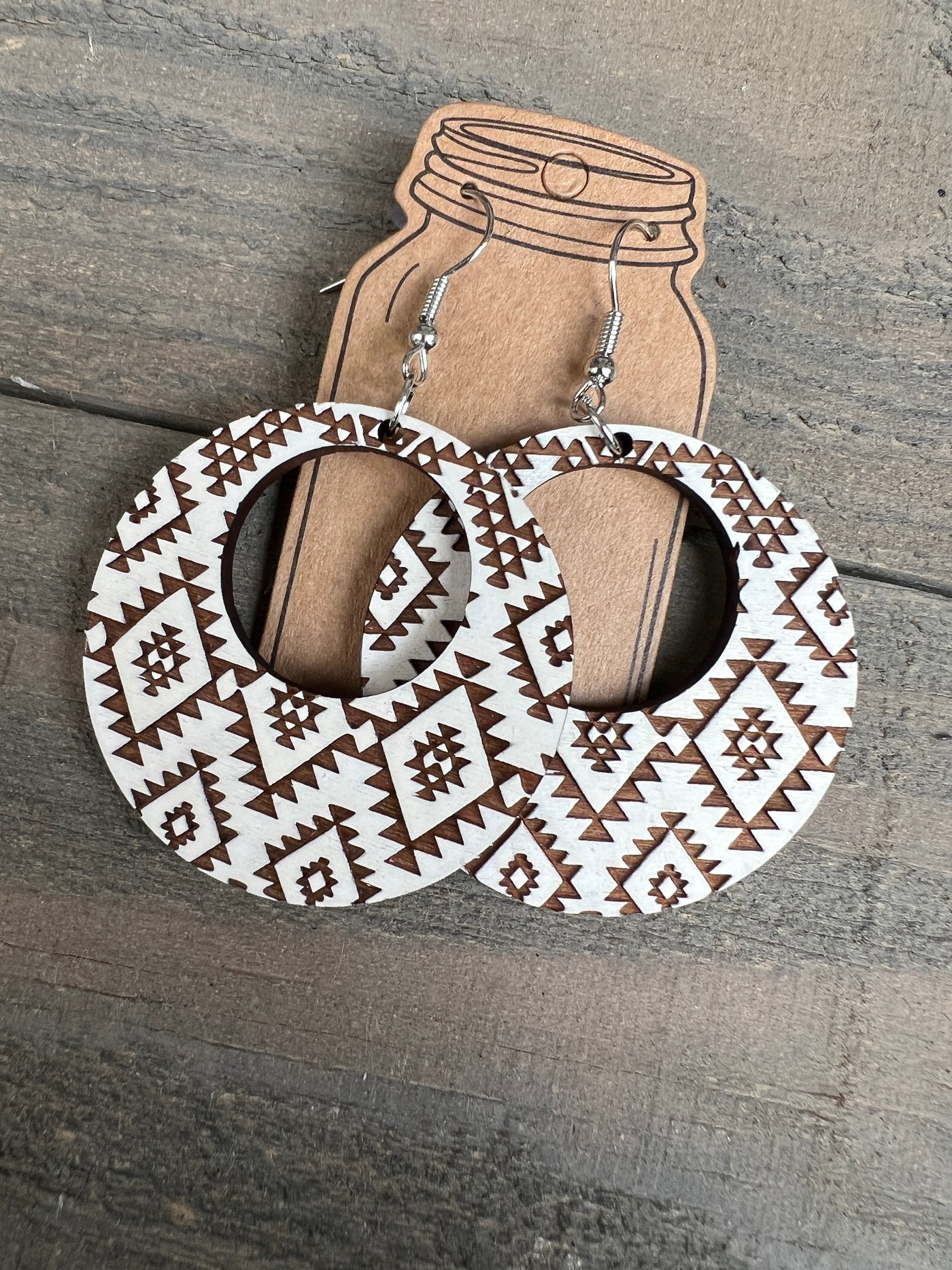 White Western Aztec Hoop Engraved Wooden Earrings