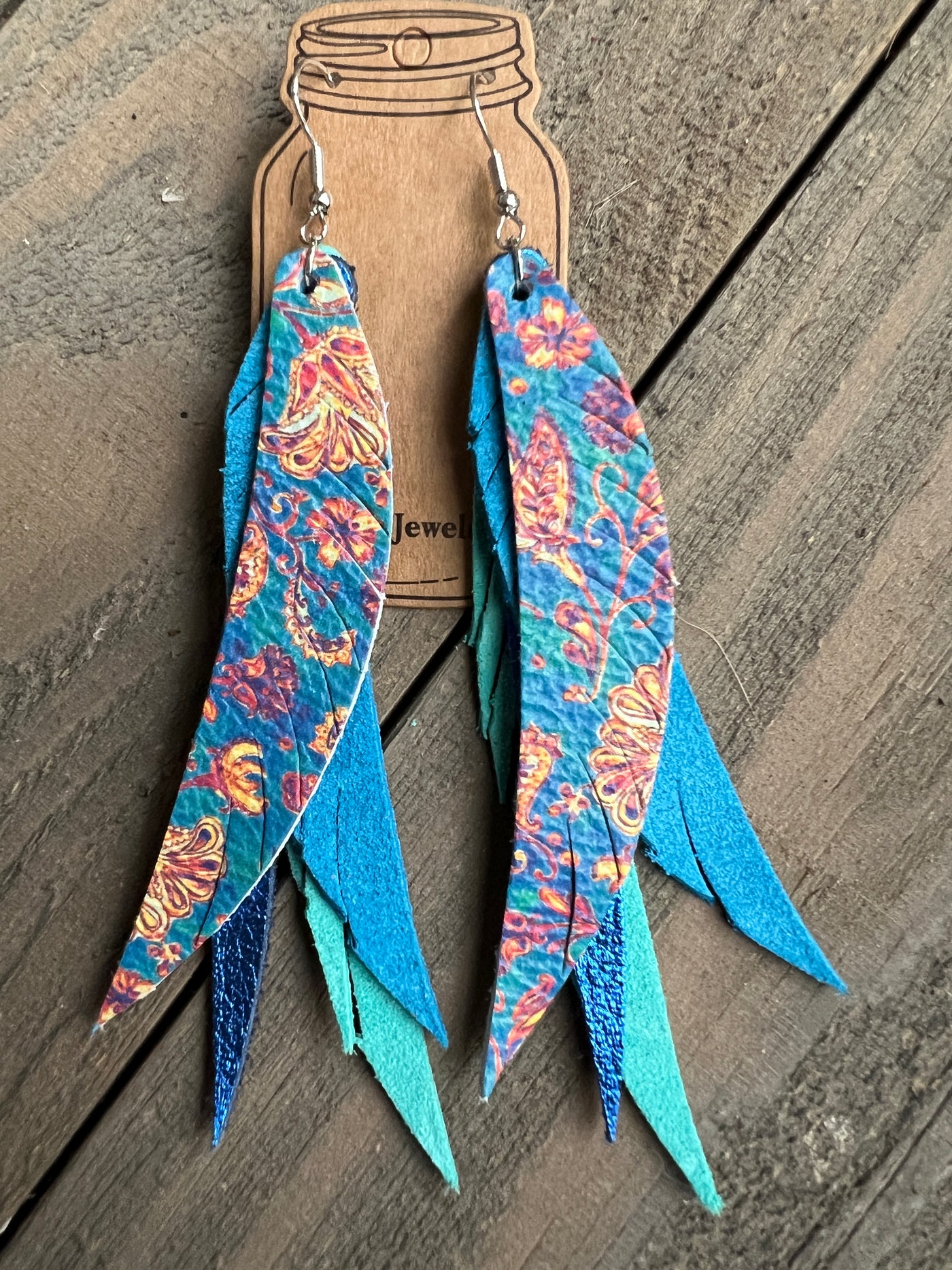 Blue Paisley Stacked Fringe Feather Earrings