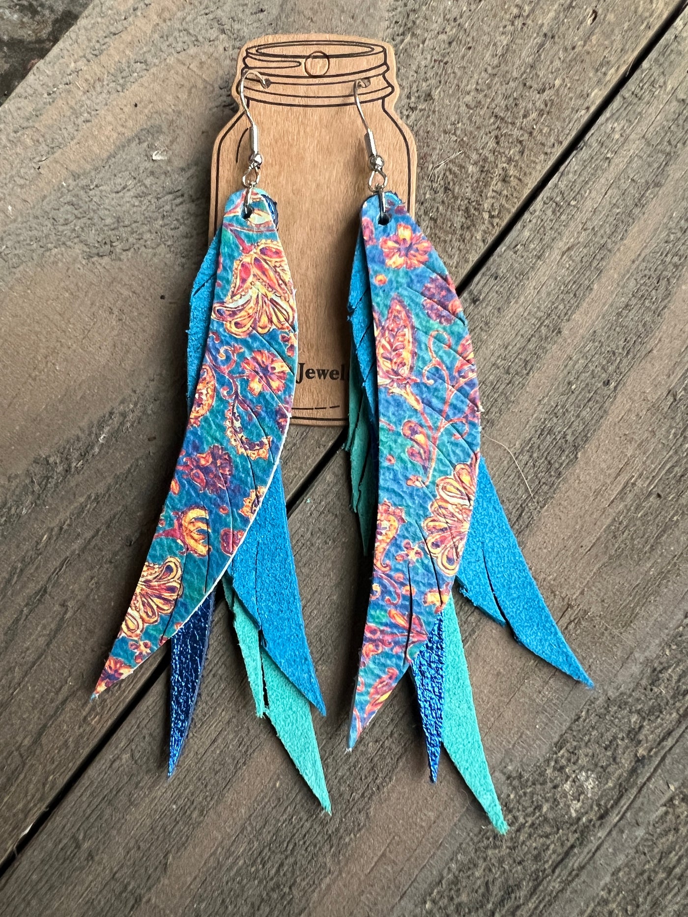 Blue Paisley Stacked Fringe Feather Earrings
