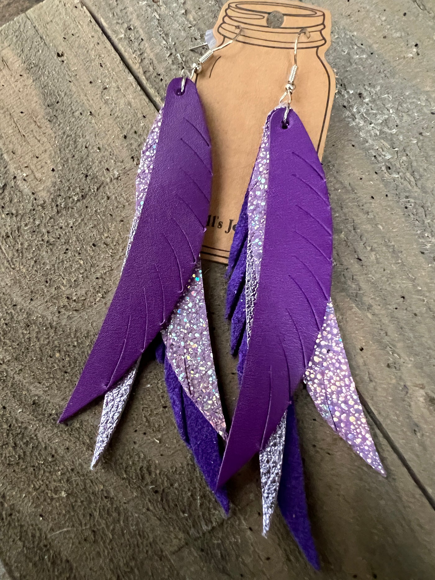 Dark Purple Stacked Fringe Feather Earrings