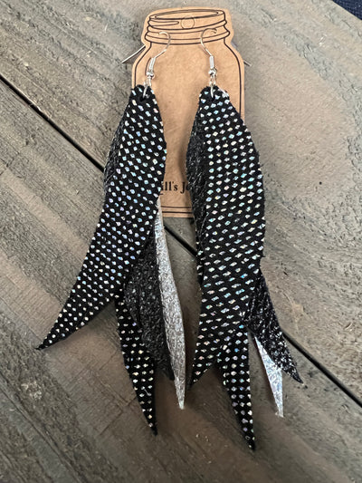 Black Holographic Stacked Fringe Feather Earrings