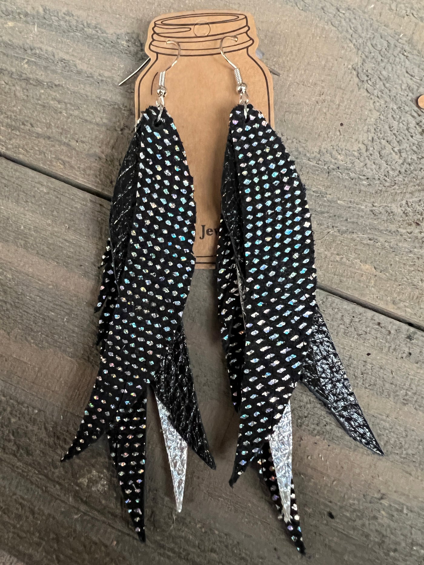 Black Holographic Stacked Fringe Feather Earrings