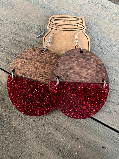 Red Glitter Acrylic Half Acrylic Wood Earrings