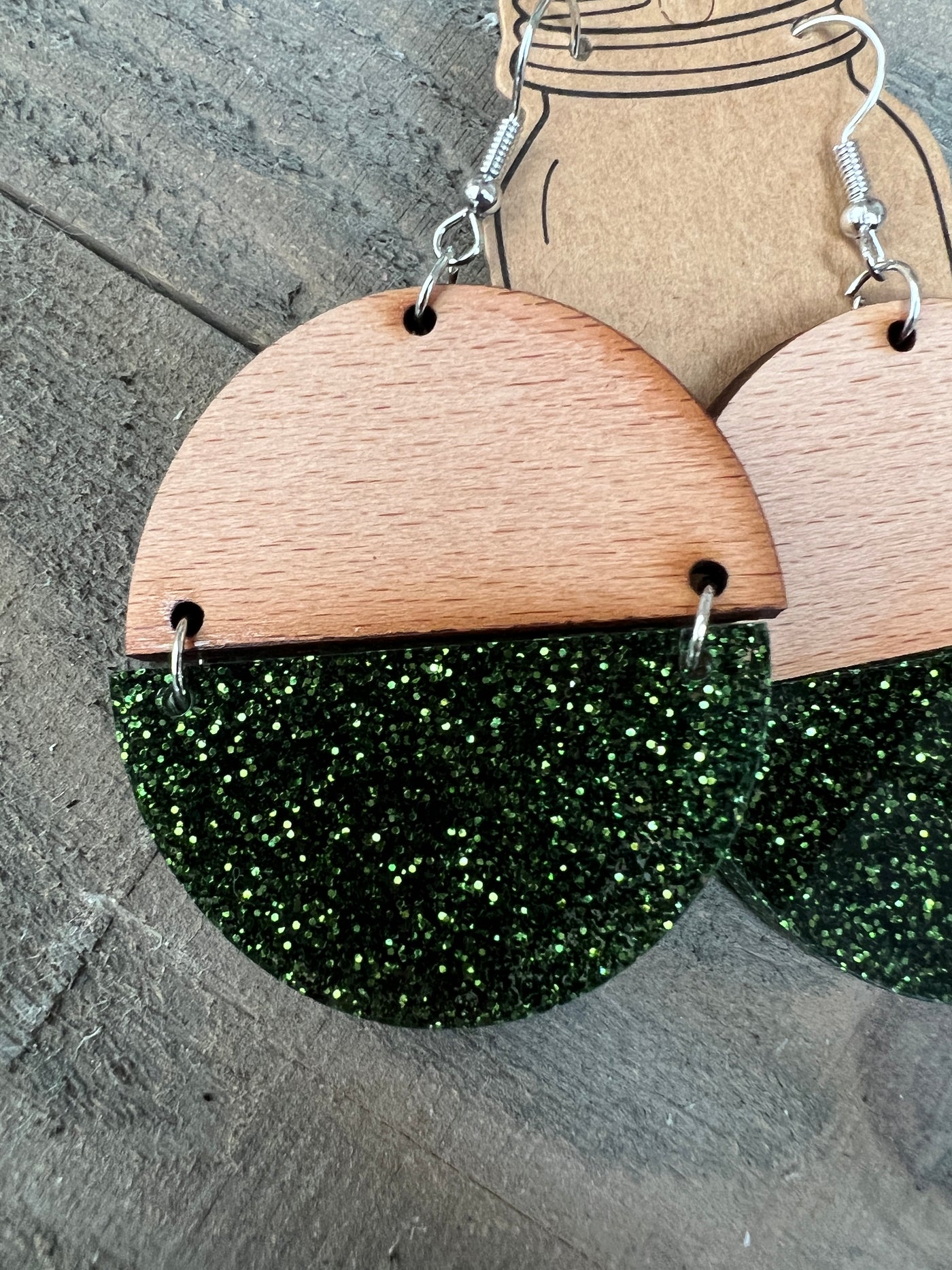 Green Glitter Acrylic Half Acrylic Wood Earrings