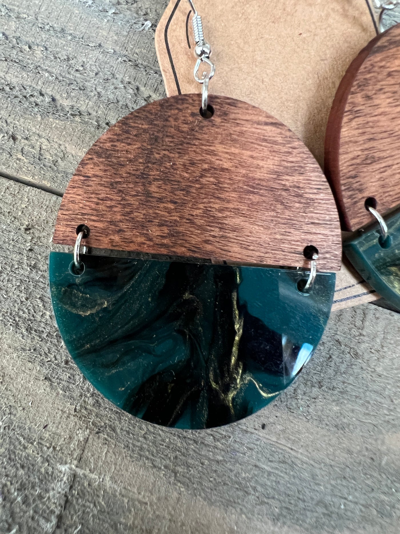 Green Gold Swirl Acrylic Half Acrylic Wood Earrings