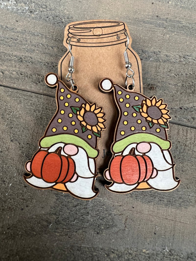 Pumpkin Gnome Engraved Wooden Earrings