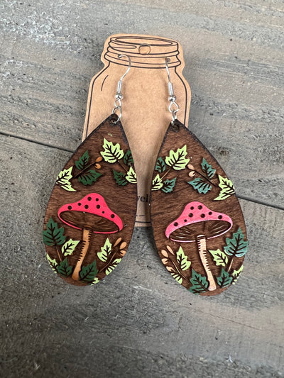 Red Mushroom Engraved Wooden Earrings