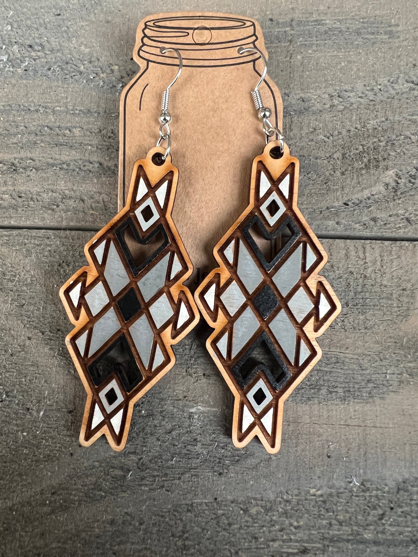 Grey and Black Aztec Engraved Wooden Earrings