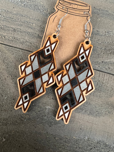 Grey and Black Aztec Engraved Wooden Earrings