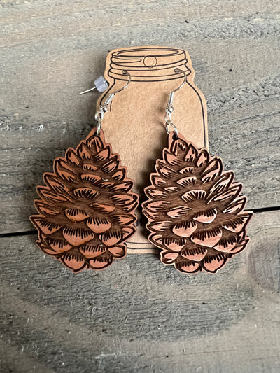 Pinecone Engraved Wooden Earrings