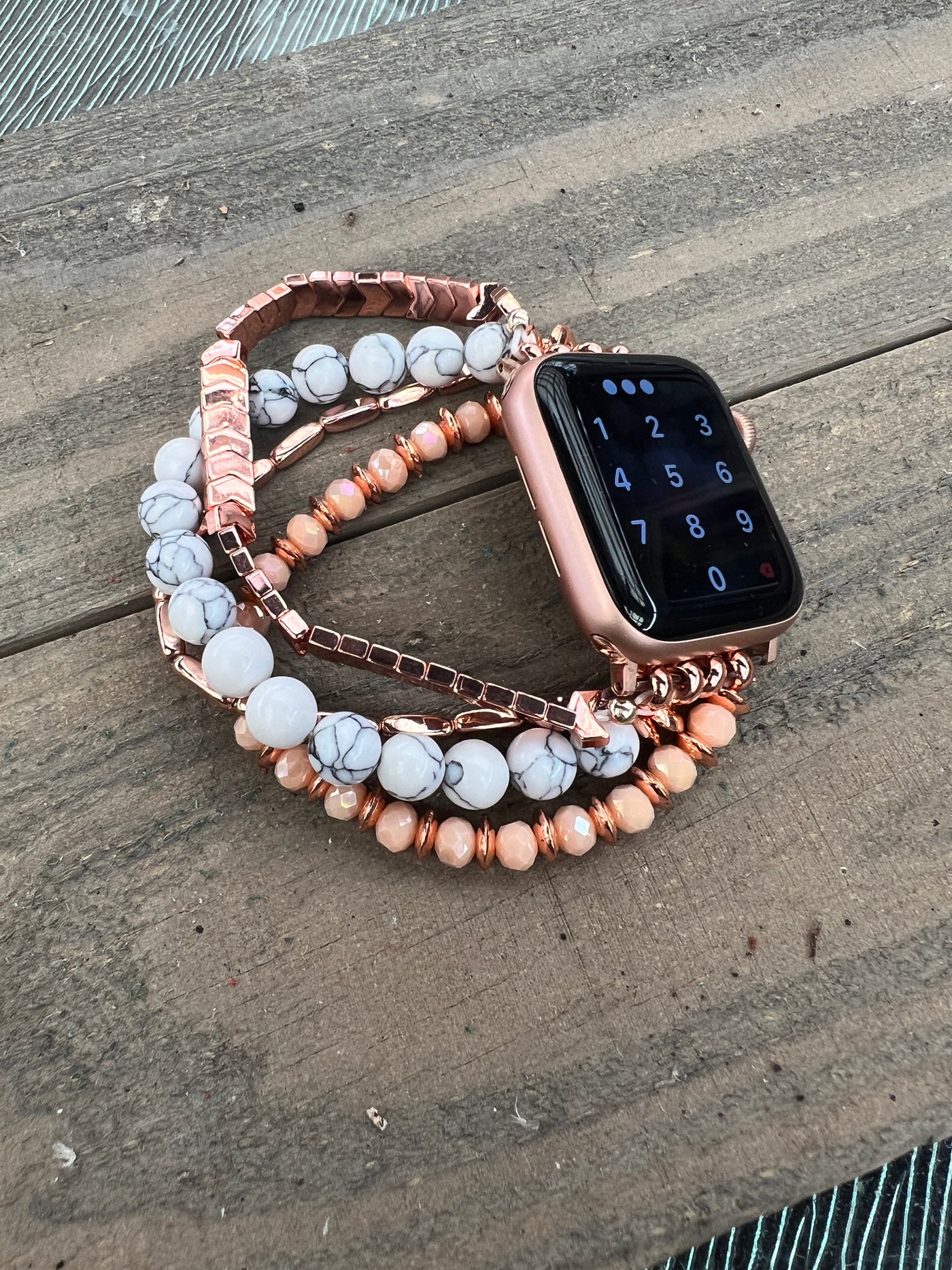 Rose Gold White Howlite Beaded Stretch Smart Watch Band