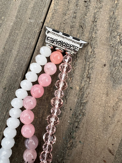 Pink and White Crystal Beaded Stretch Smart Watch Band