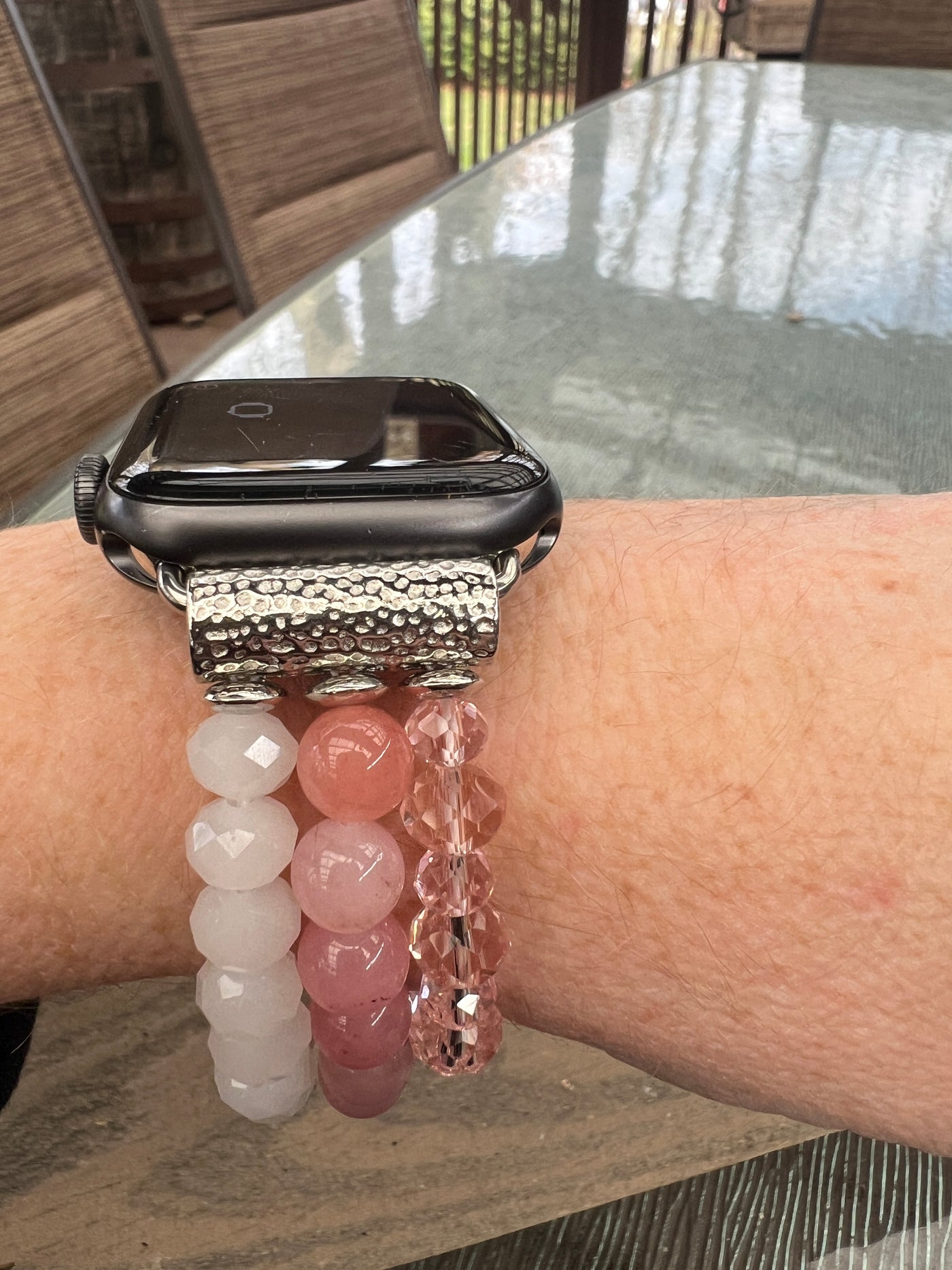 Pink and White Crystal Beaded Stretch Smart Watch Band