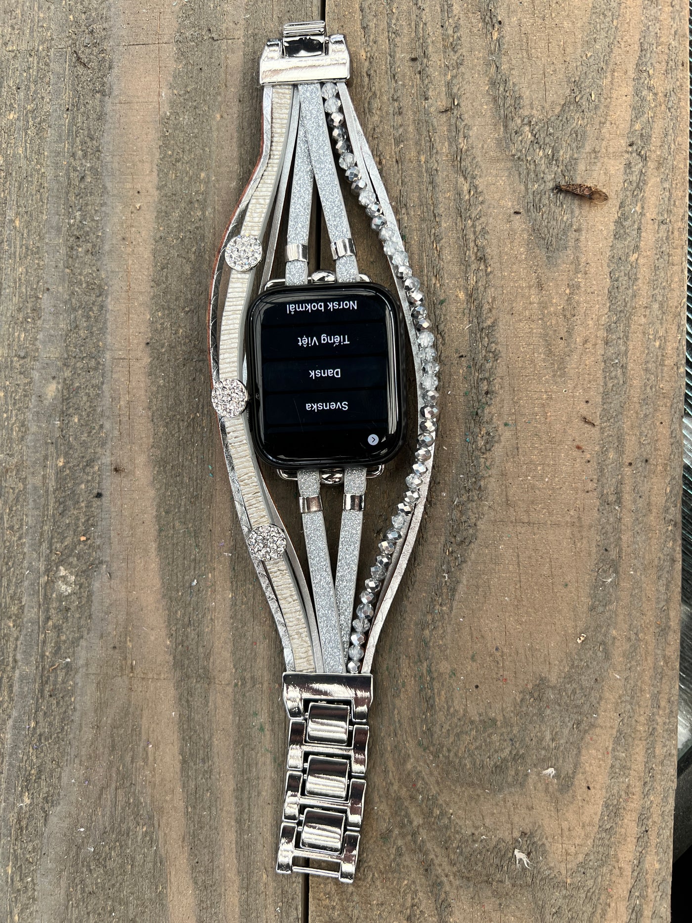 Silver Rhinestone Multi Strand Leather Smart Watch Bracelet