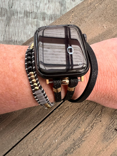 Black Beaded Multi Strand Leather Smart Watch Bracelet