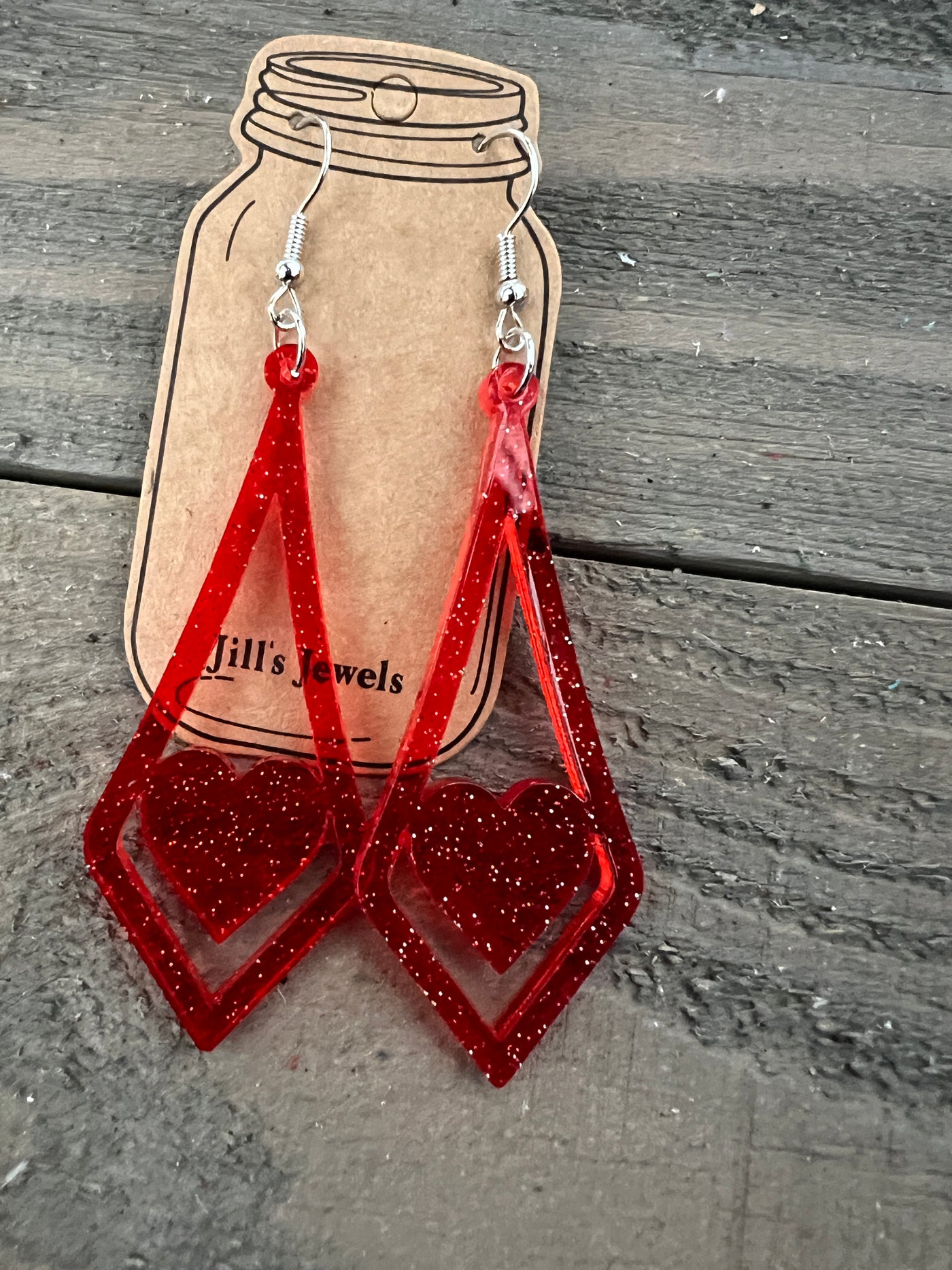 Red Jelly Glitter Acrylic Heart Cutout Earrings