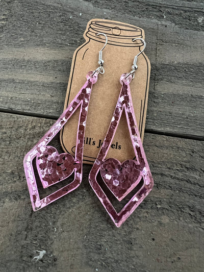 Pink Glitter Acrylic Heart Cutout Earrings