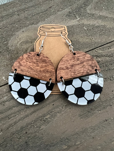 Soccer Ball Acrylic Half Acrylic Wood Earrings