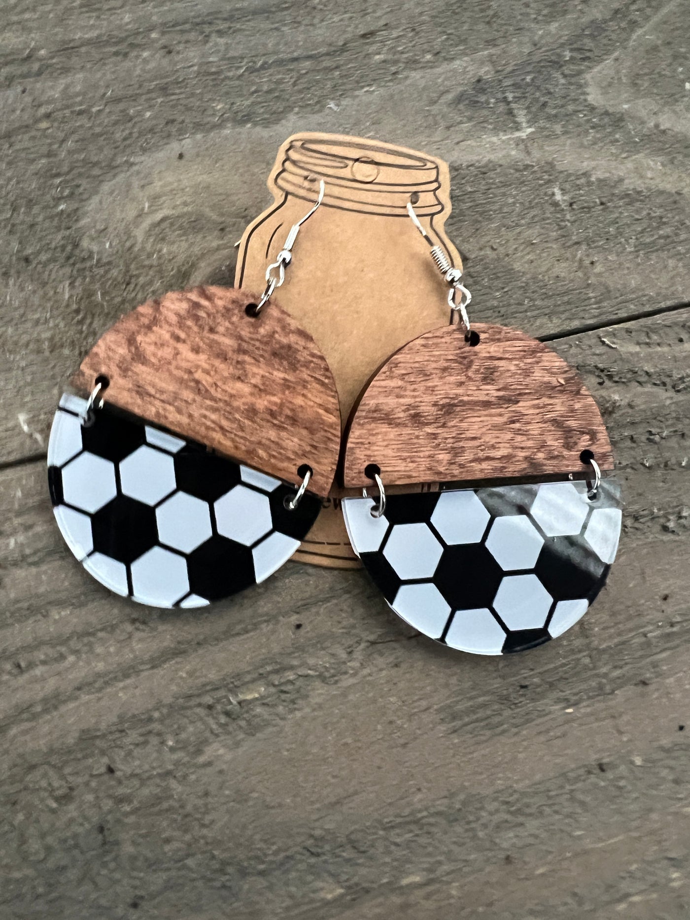 Soccer Ball Acrylic Half Acrylic Wood Earrings