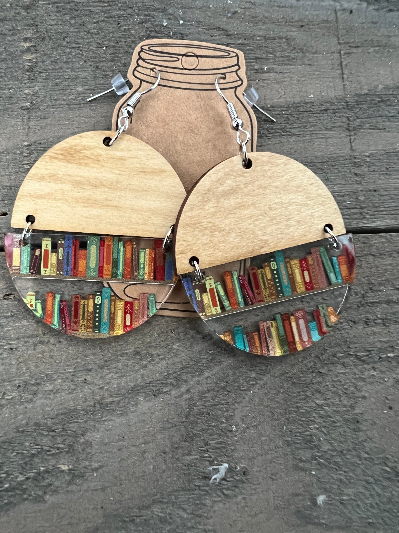 Book Shelf Acrylic Half Acrylic Wood Earrings