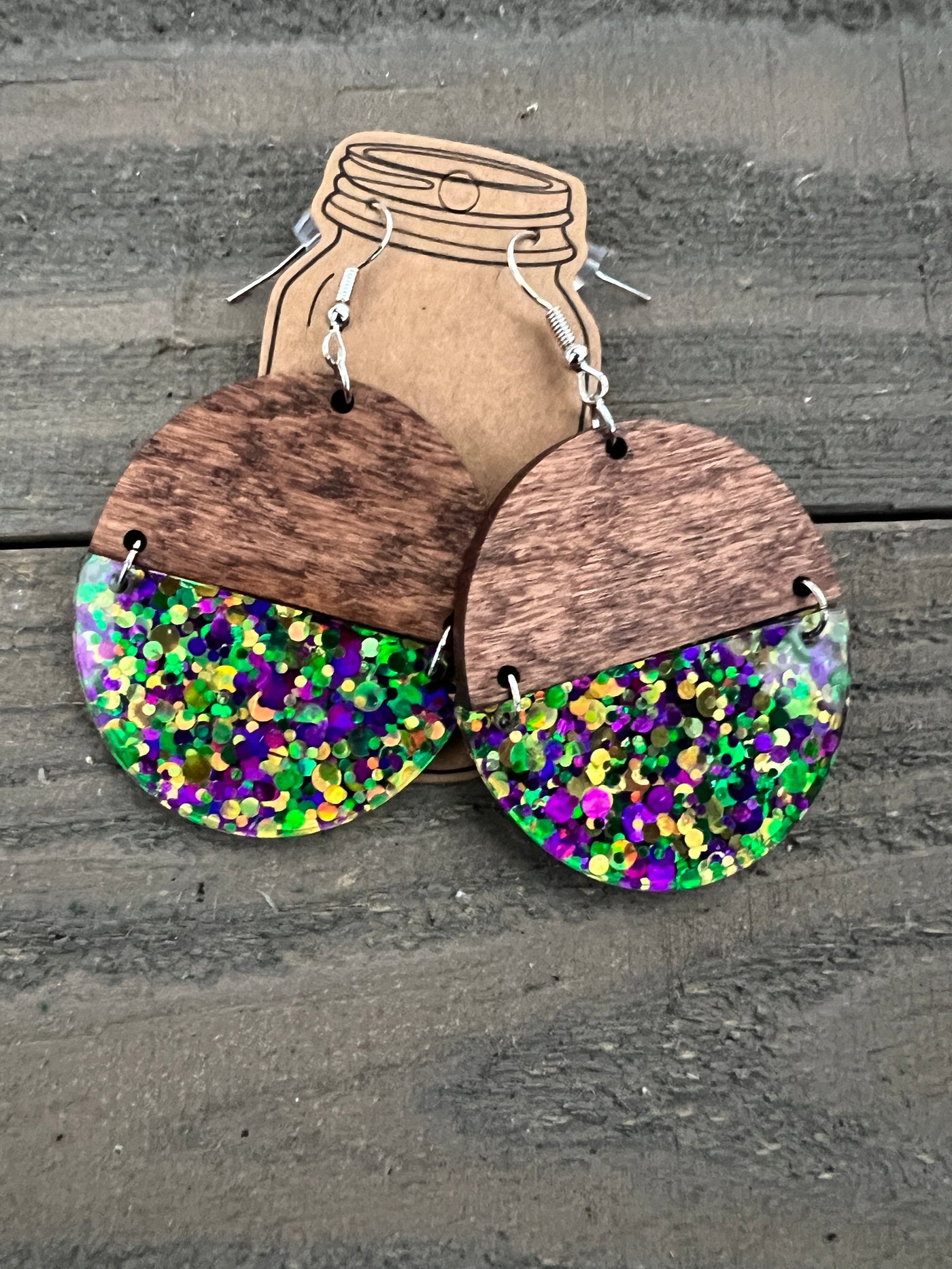 Mardi Gras Glitter Acrylic Half Acrylic Wood Earrings