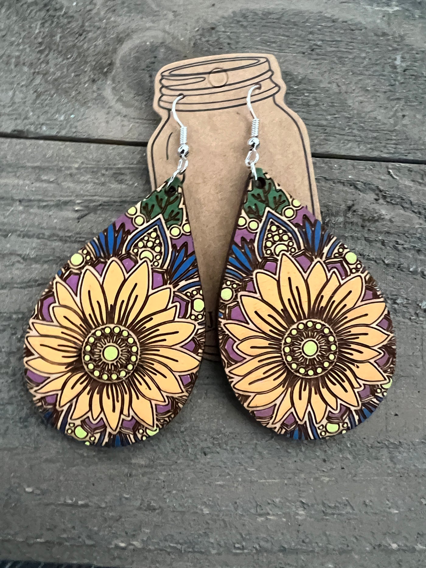Full Sunflower Mandala Teardrop Engraved Wooden Earrings