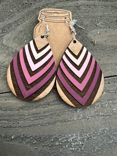 Pink Gradient Striped Teardrop Engraved Wooden Earrings