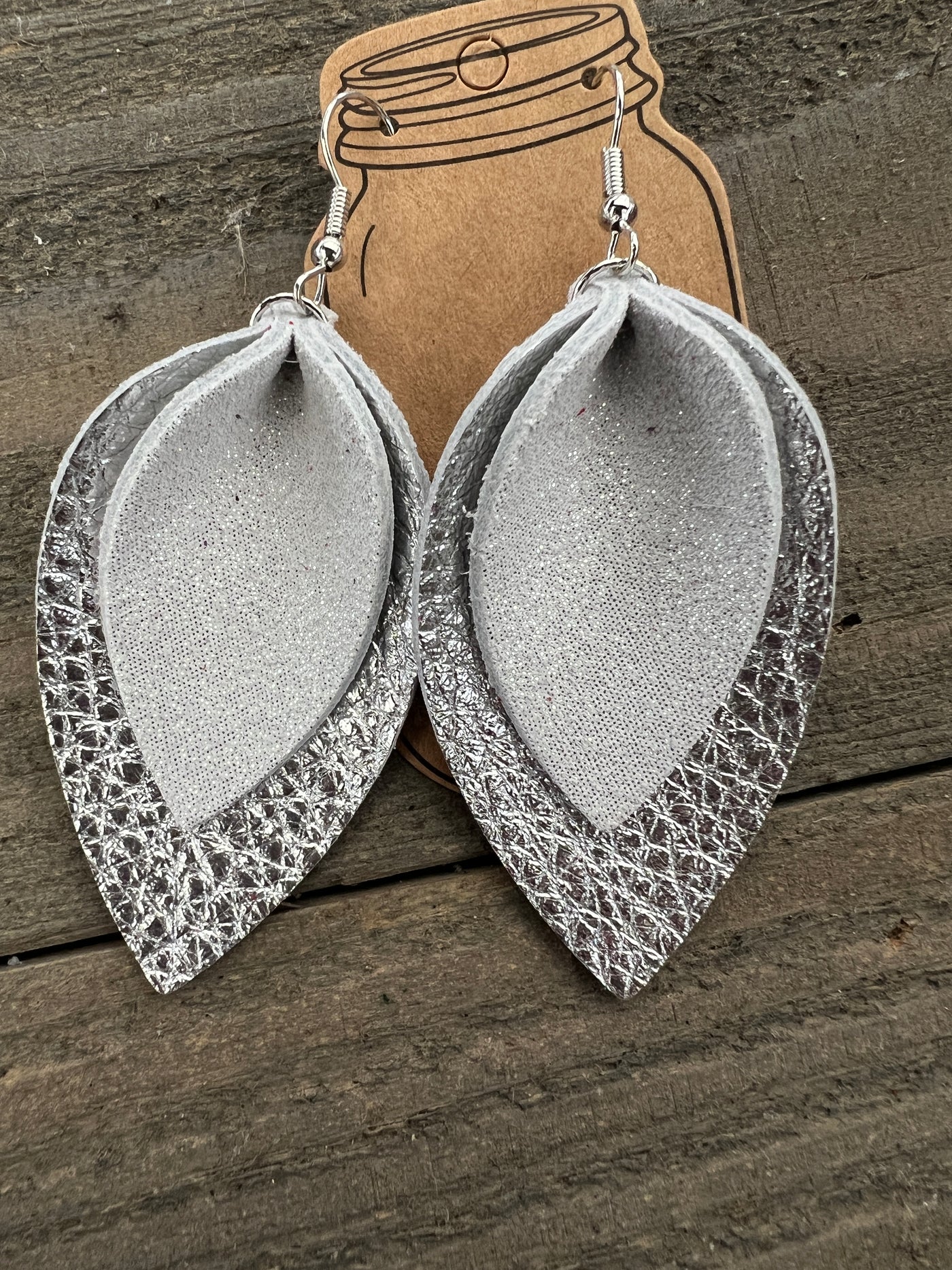 Silver White Sparkle leather earrings