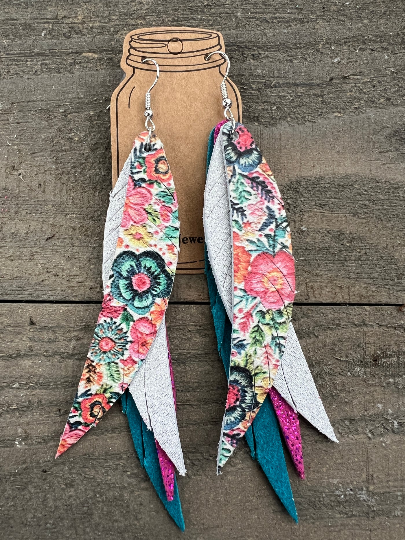 Spring Floral Stacked Fringe Feather Earrings