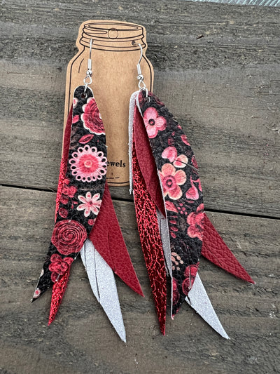 Red Floral Stacked Fringe Feather Earrings