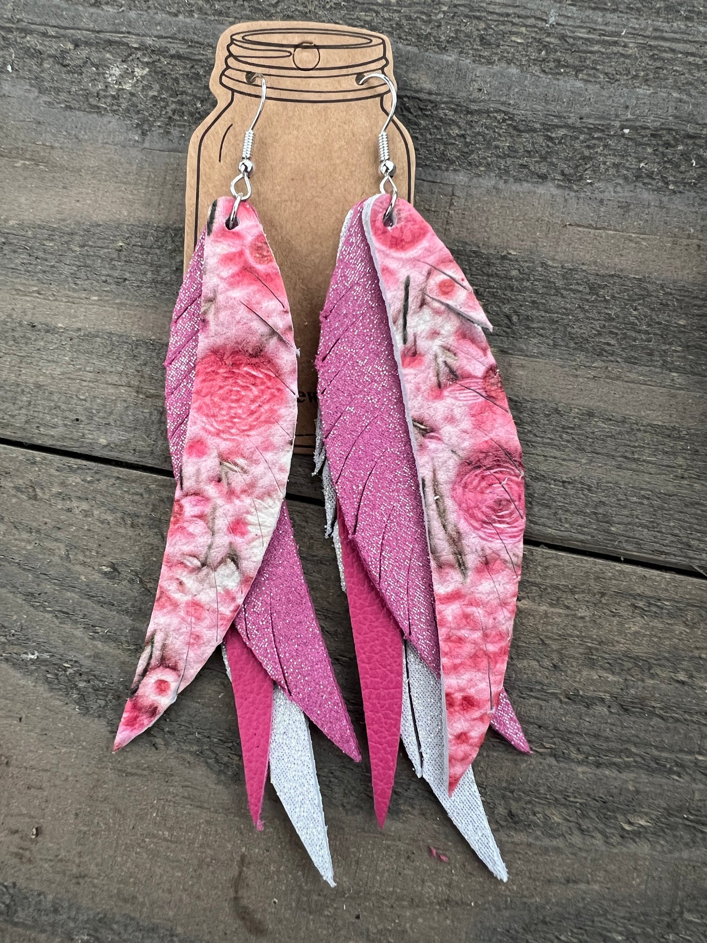 Pink Floral Stacked Fringe Feather Earrings