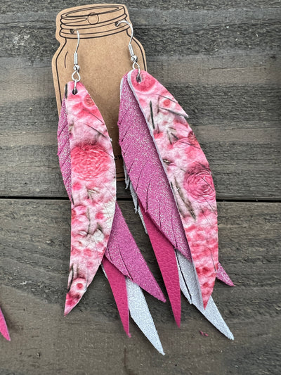 Pink Floral Stacked Fringe Feather Earrings
