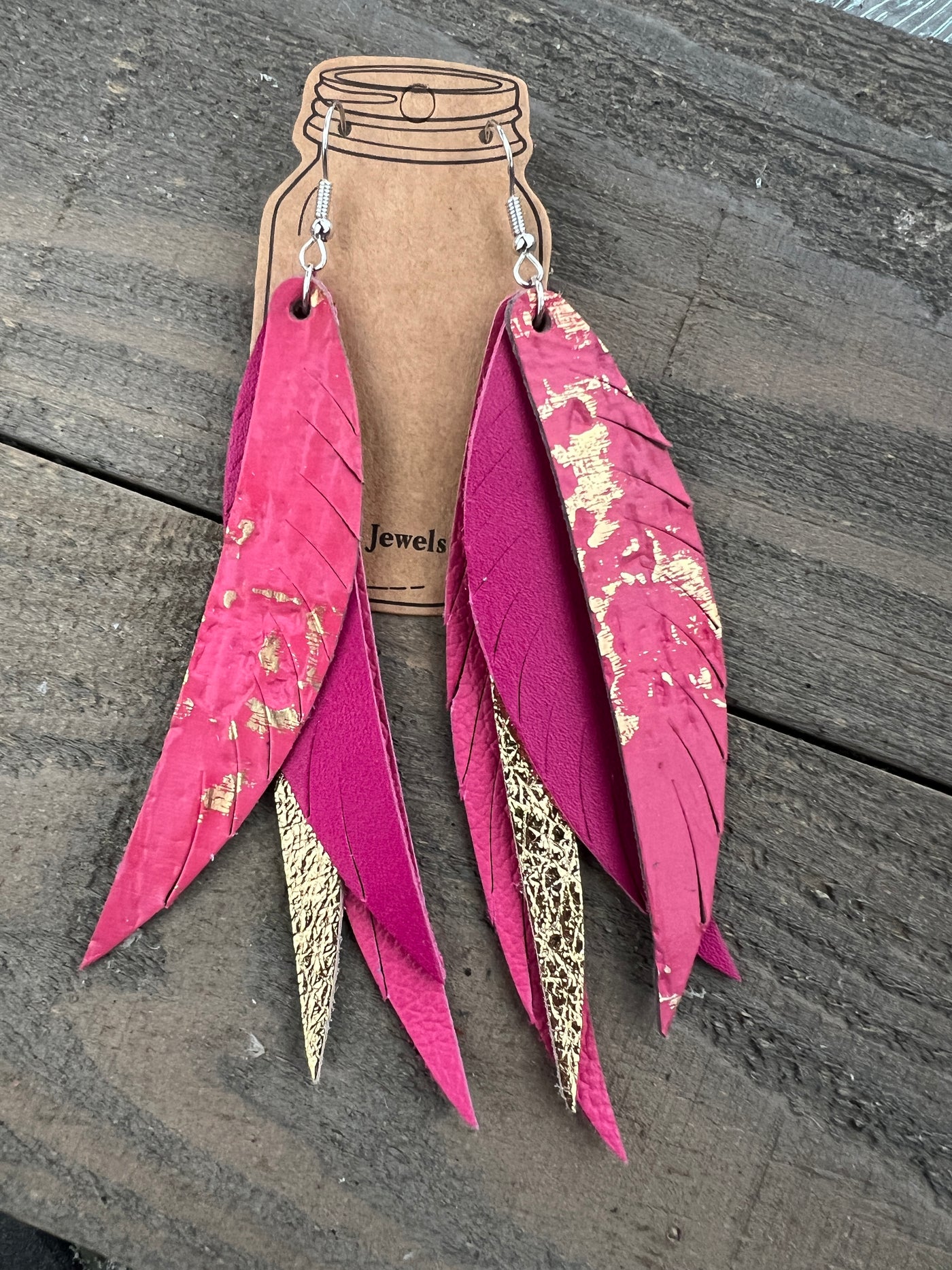 Pink and Gold Stacked Fringe Feather Earrings