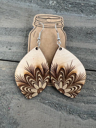 Gold Floral Engraved Wooden Earrings