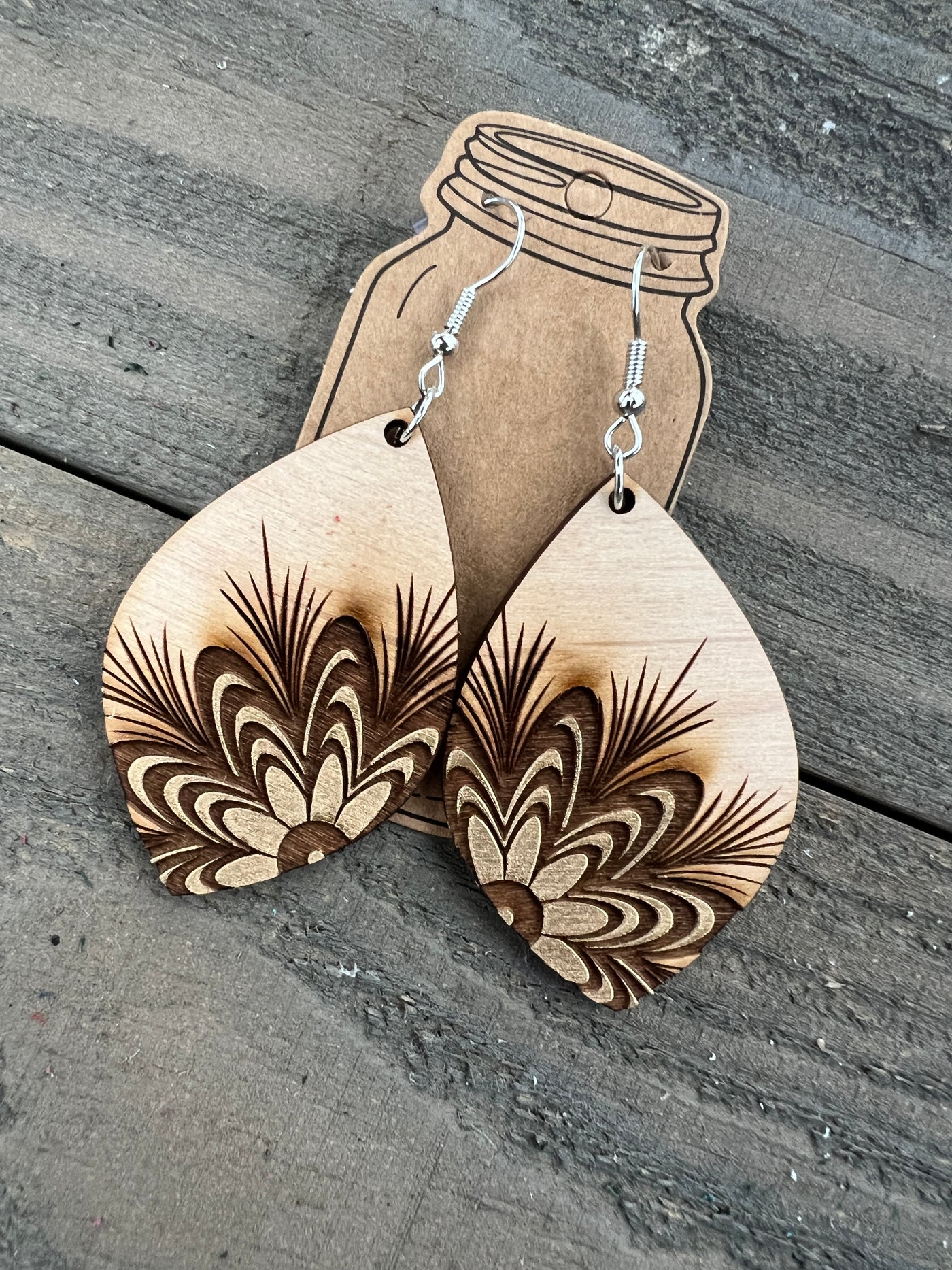 Gold Floral Engraved Wooden Earrings