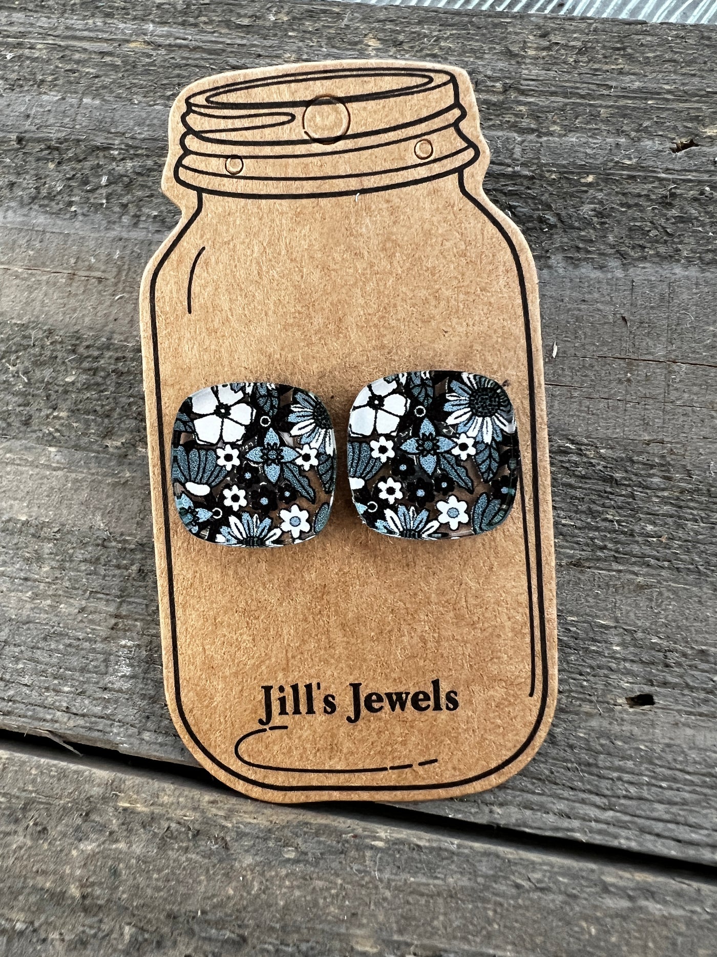 Black and White Acrylic Floral Square Stud Earrings