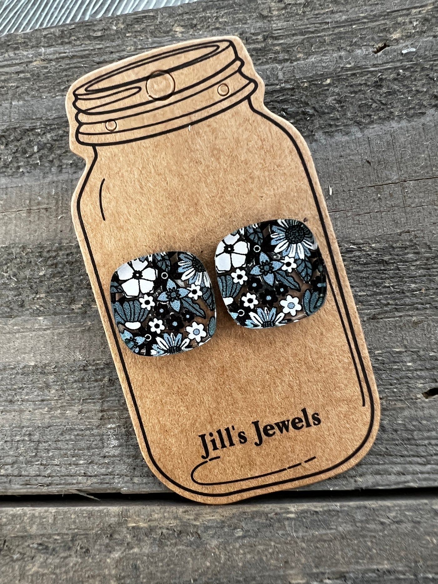 Black and White Acrylic Floral Square Stud Earrings