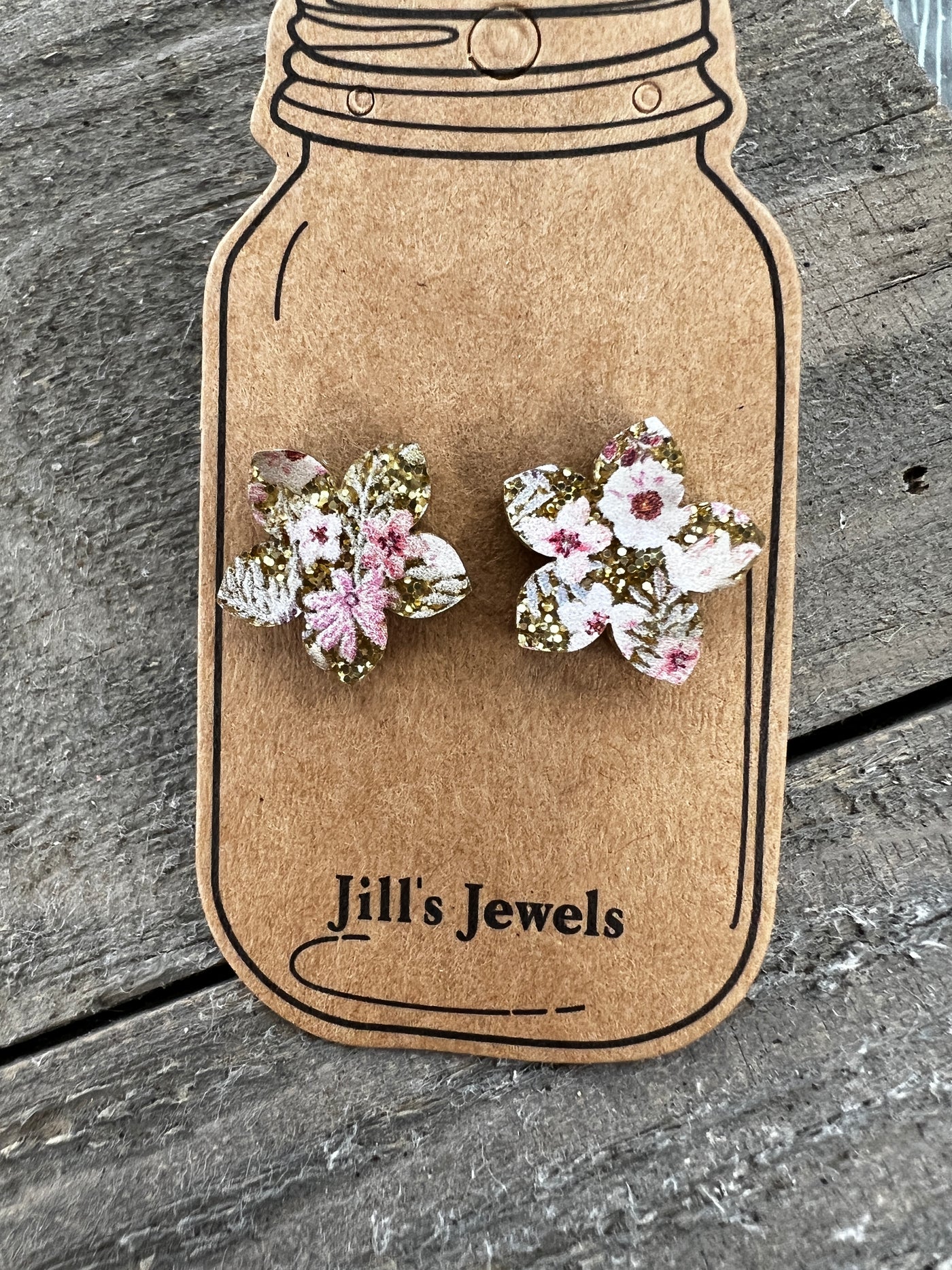 Gold and Pink Floral Flower Acrylic Floral Stud Earrings