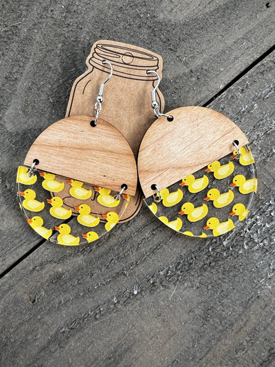 Rubber Ducky Half Acrylic Wood Earrings