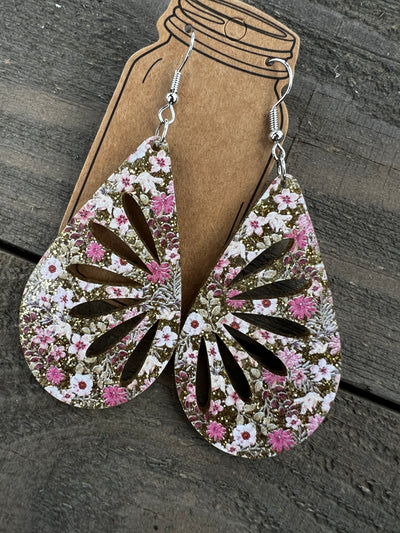 Gold Pink Floral Acrylic Teardrop Cutout Earrings