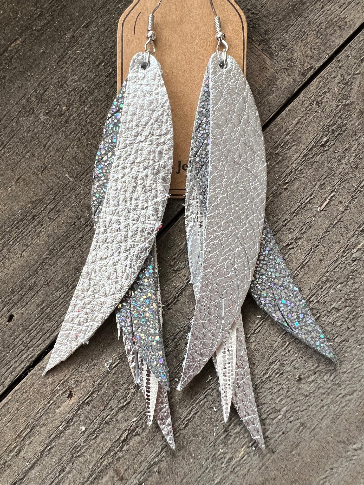 Silver Metallic Stacked Fringe Feather Earrings