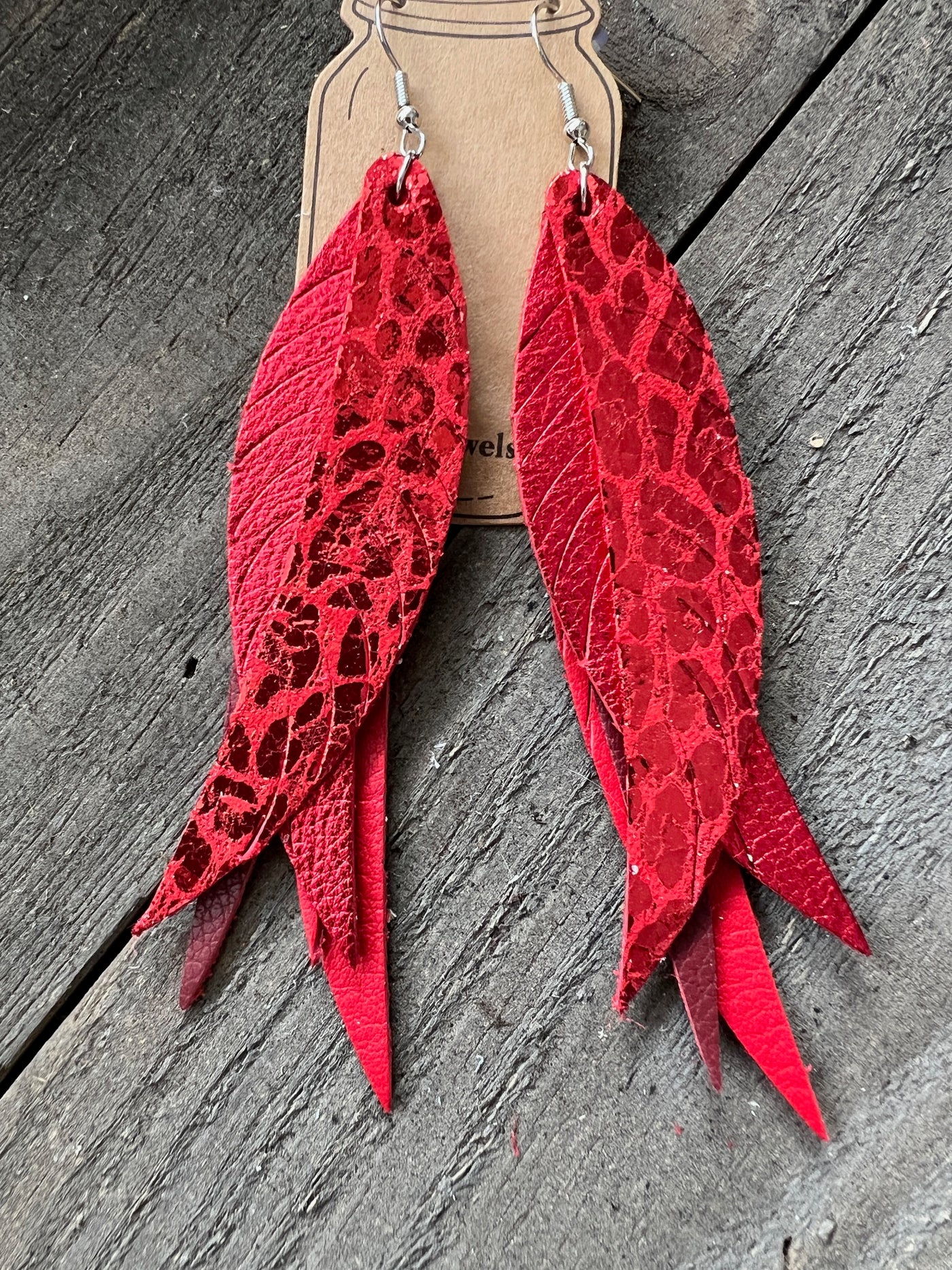 Red Leopard Metallic Stacked Fringe Feather Earrings