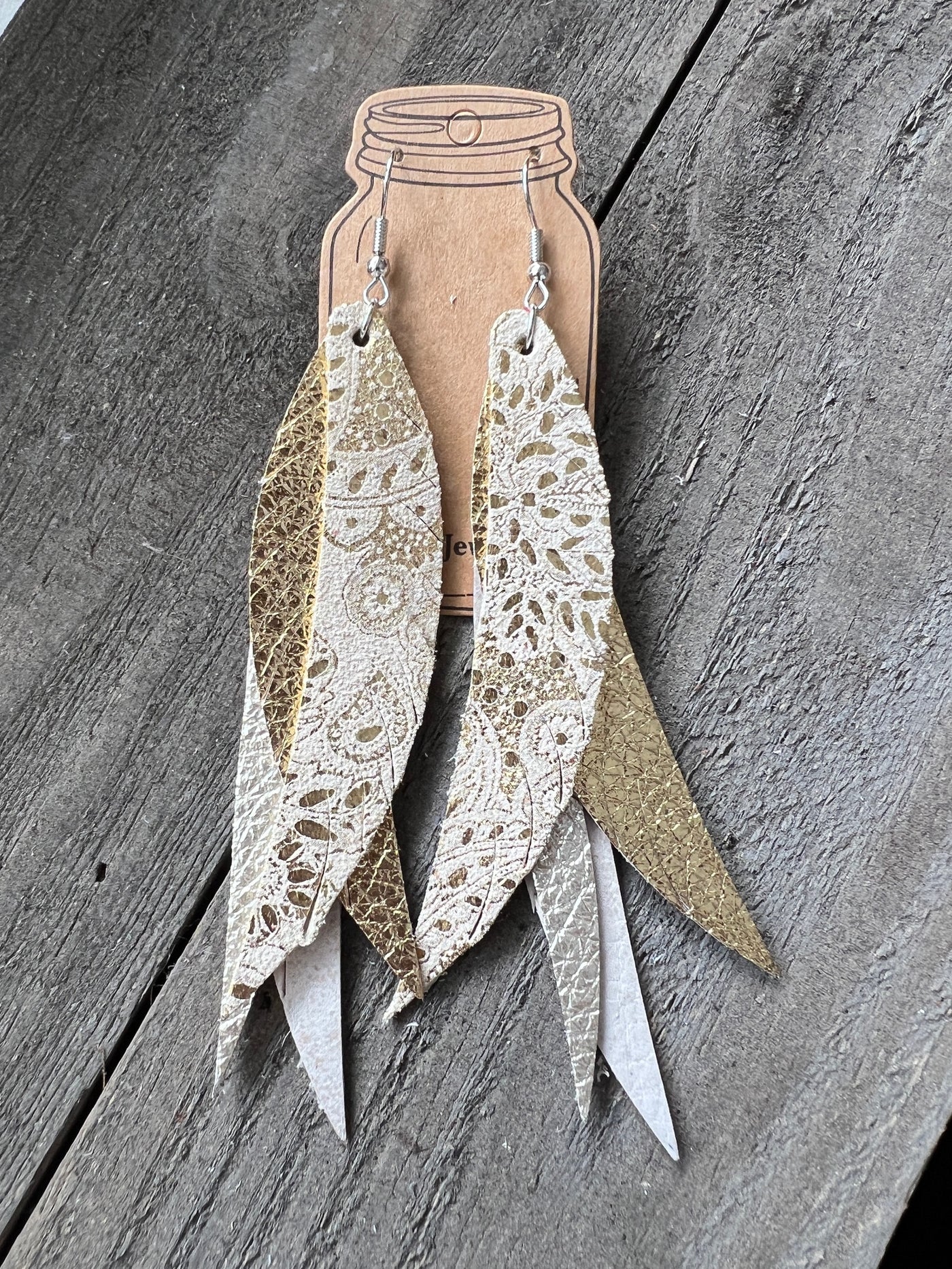 Gold Paisley Stacked Fringe Feather Earrings