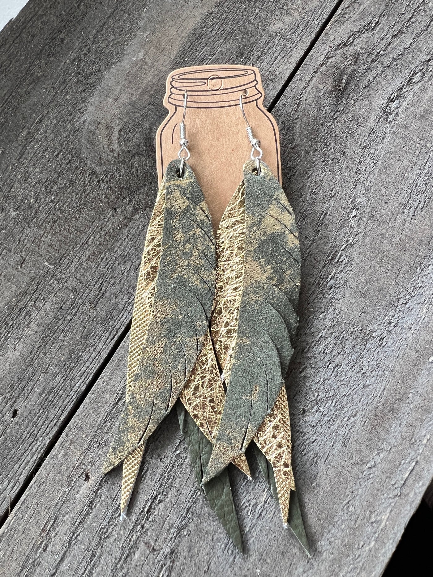 Army Green and Gold Splash Stacked Fringe Feather Earrings