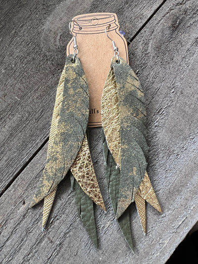 Army Green and Gold Splash Stacked Fringe Feather Earrings