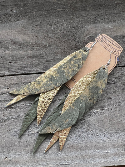 Army Green and Gold Splash Stacked Fringe Feather Earrings