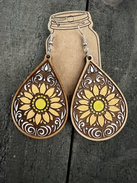 Sunflower Paisley Engraved Wooden Earrings