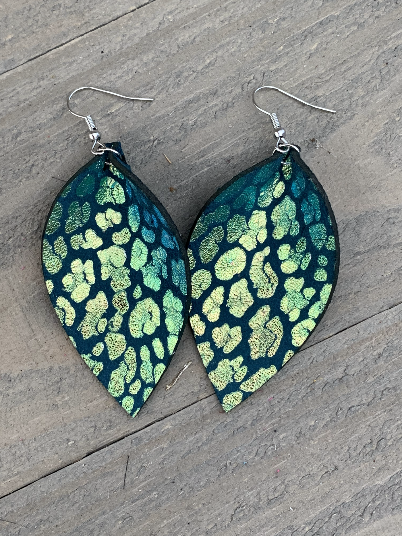 Green Metallic Leopard Leather Earrings - Jill's Jewels | Unique, Handcrafted, Trendy, And Fun Jewelry