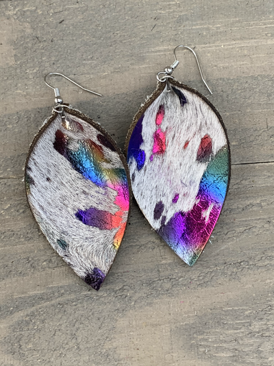 White Rainbow Acid Wash Hair on leather earring - Jill's Jewels | Unique, Handcrafted, Trendy, And Fun Jewelry